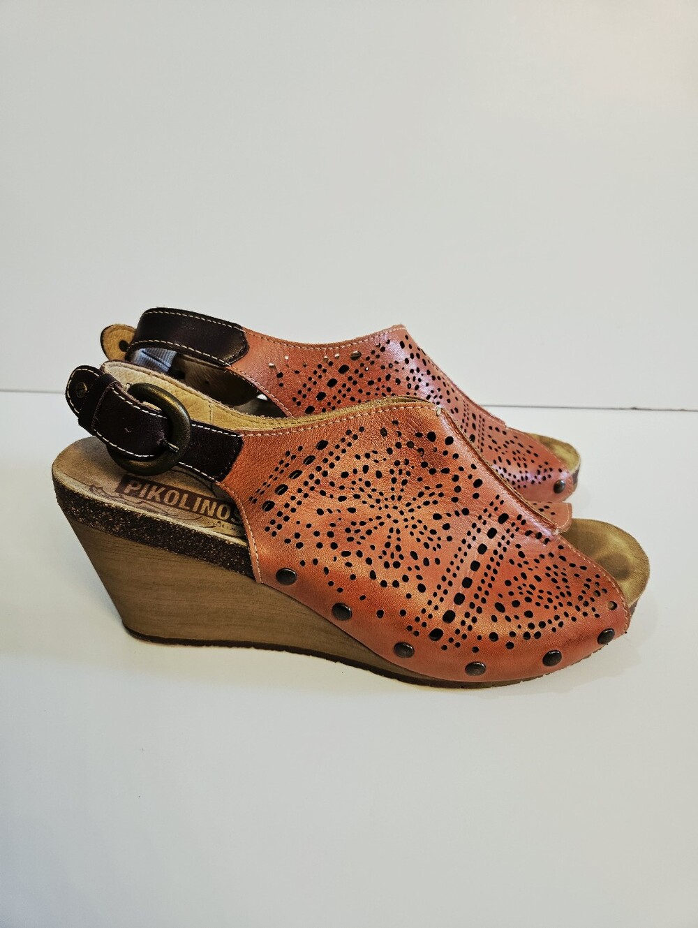 Pikolinos Benissa Cutout Leather Wedge Sandals Size 41 US 10-10.5 Shoes